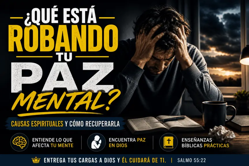 ¿Qué está robando tu paz mental? bosquejo bíblico, persona angustiada con ansiedad y Biblia abierta buscando paz en Dios”
