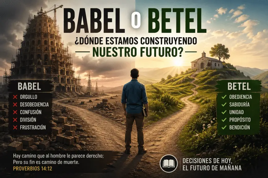 Babel o Betel: ilustración de dos caminos, uno de confusión y otro de bendición, representando decisiones espirituales y la voluntad de Dios