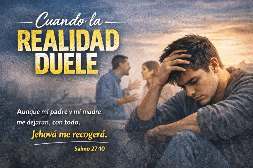 Joven triste mientras sus padres discuten de fondo representando el dolor de vivir en una familia en crisis con el mensaje cristiano “Cuando la realidad duele”.