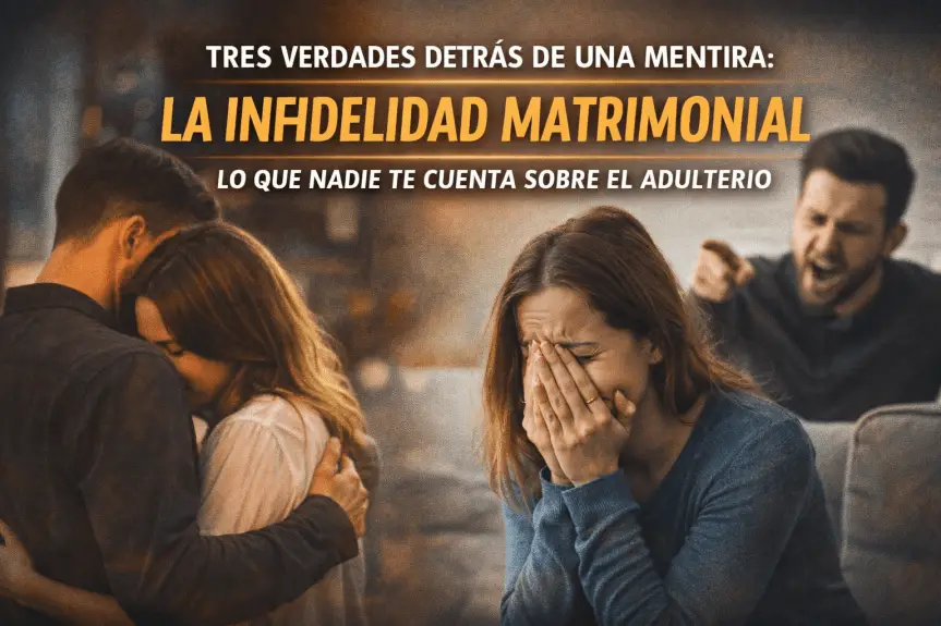 Infidelidad matrimonial según la Biblia – hombre siendo infiel mientras su esposa llora en estudio bíblico sobre las consecuencias del adulterio