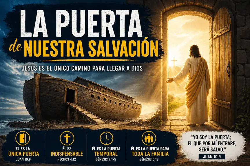 Ilustración del arca de Noé con una puerta abierta y Jesucristo representando la única puerta de salvación según la Biblia