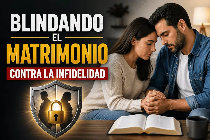 Imagen cristiana de matrimonio orando juntos con Biblia abierta sobre cómo proteger la fidelidad en el matrimonio y evitar la infidelidad