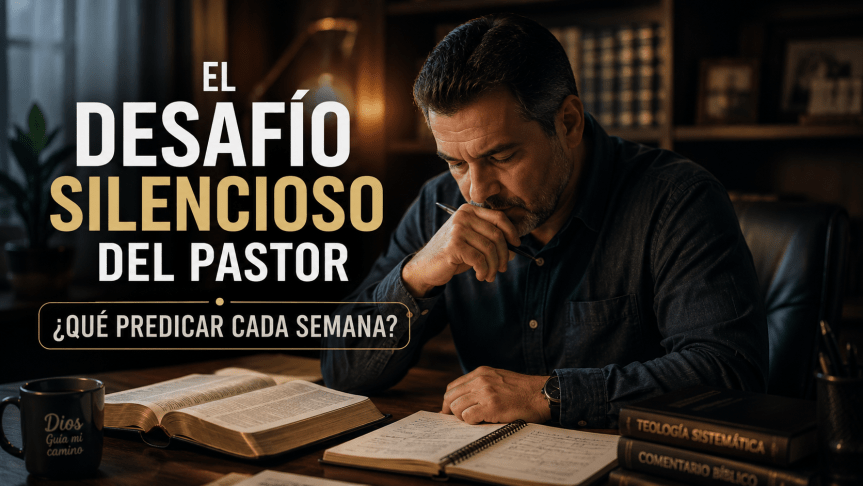 Pastor reflexionando y estudiando la Biblia en su oficina mientras prepara un sermón, imagen destacada del artículo “El Desafío Silencioso del Pastor: ¿Qué Predicar Cada Semana?”
