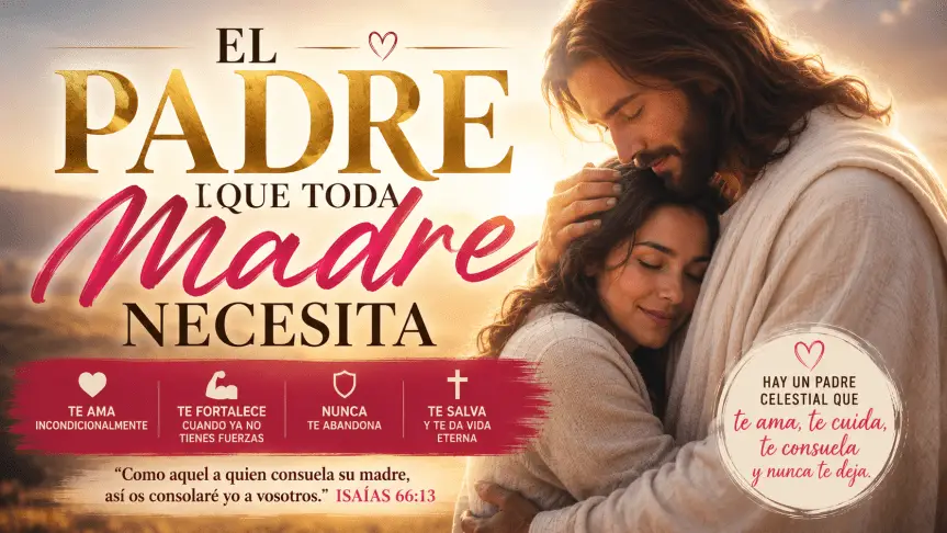 Jesús abrazando a una madre con amor y consuelo – mensaje cristiano del Día de las Madres sobre el Padre celestial que ama, fortalece y nunca abandona
