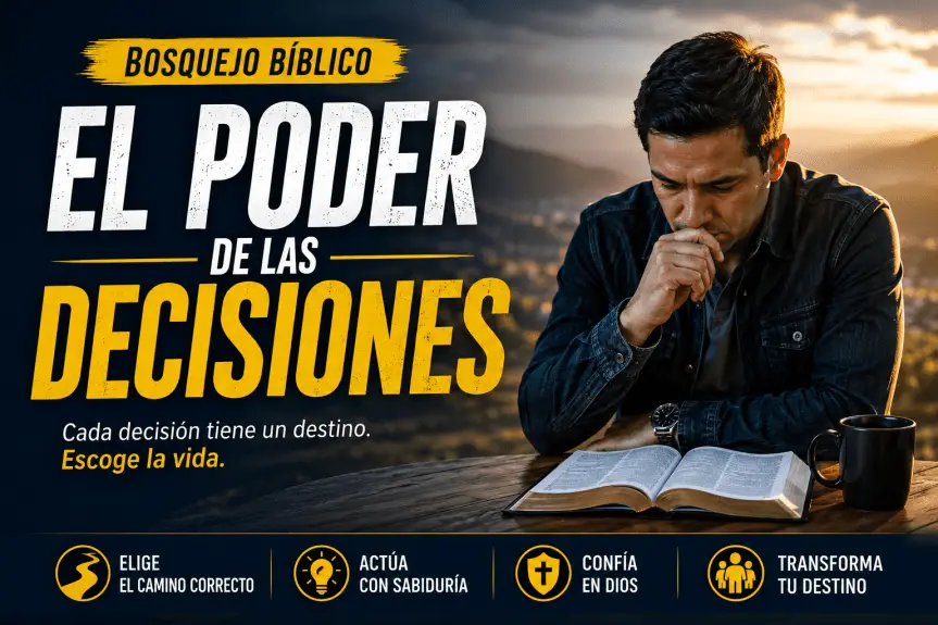 Bosquejo bíblico cristiano sobre el poder de las decisiones basado en Deuteronomio 30:19, con un hombre reflexionando y leyendo la Biblia en un ambiente pastoral.