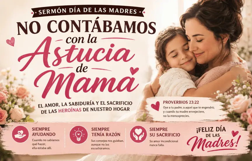 Imagen destacada para sermón cristiano del Día de las Madres titulada “No Contábamos Con La Astucia de Mamá”, con una madre abrazando a su hija y un diseño cálido en tonos rosados que resalta el amor, la sabiduría y el sacrificio de las madres basado en Proverbios 23:22.