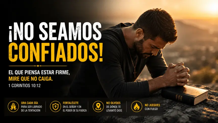 Hombre orando con Biblia en un paisaje al atardecer, simbolizando vigilancia espiritual, oración y firmeza en la vida cristiana