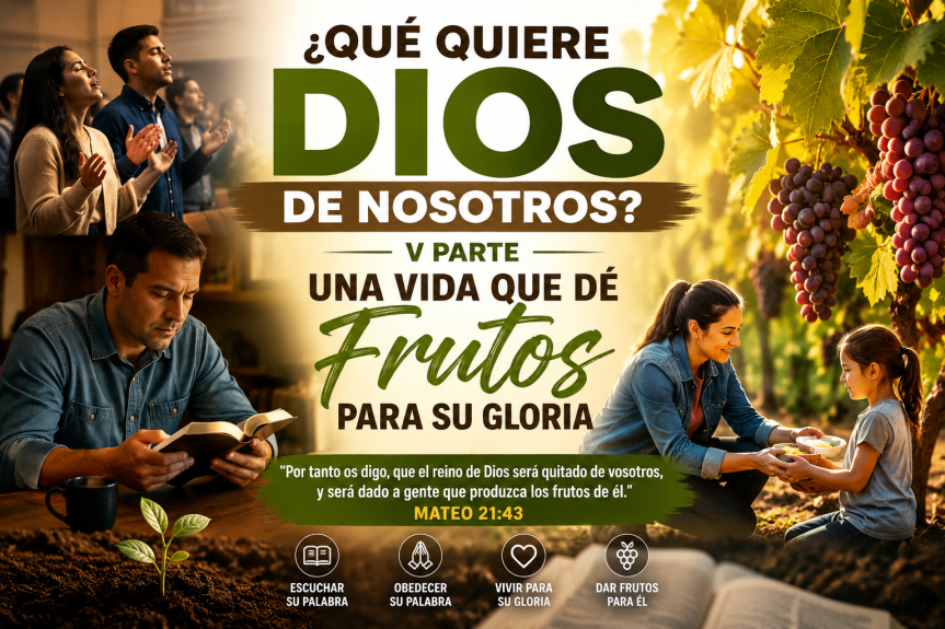 ¿Qué quiere Dios de nosotros? Una vida que dé frutos para su gloria — imagen cristiana HD sobre crecimiento espiritual, obediencia y la parábola del sembrador.